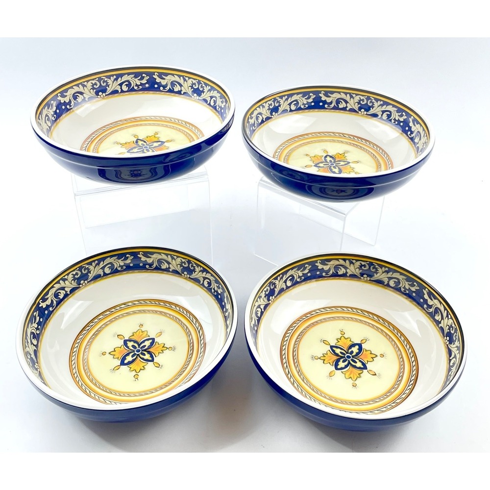 Le Cadeaux Melamine Cereal Soup Bowls Set of 4 Blue Gold Floral Scroll 6" New